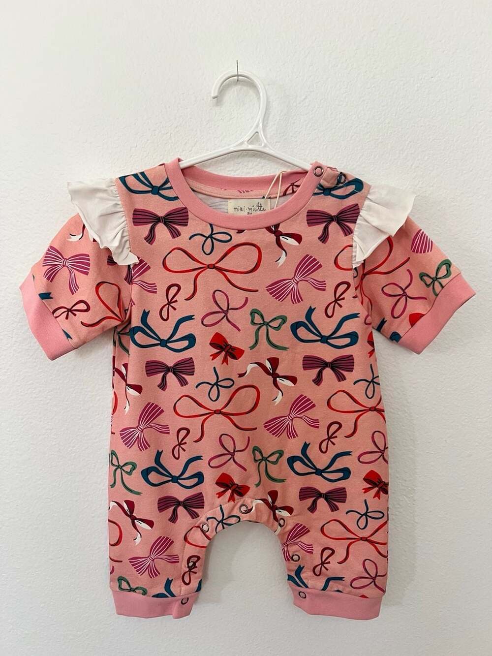 Miki Miette Bow Print Ruffle Romper Pink 3M. NWT